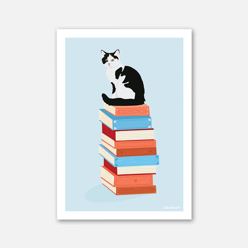 Cat Art Print - Book Stack Cat - Iko Iko